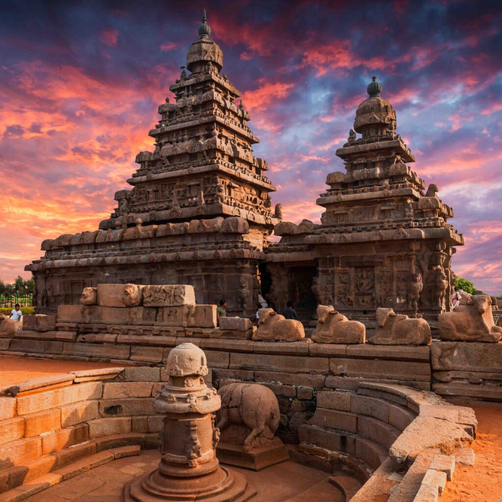 A Tamil Nadu landmark, the Shore Temple consists of two Shiva shrines sandwiching a Vishnu shrine