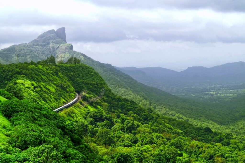 A train passing through the tunnel that has been carved through the beautiful landscape of the mountains on the Mumbai Pune railway track